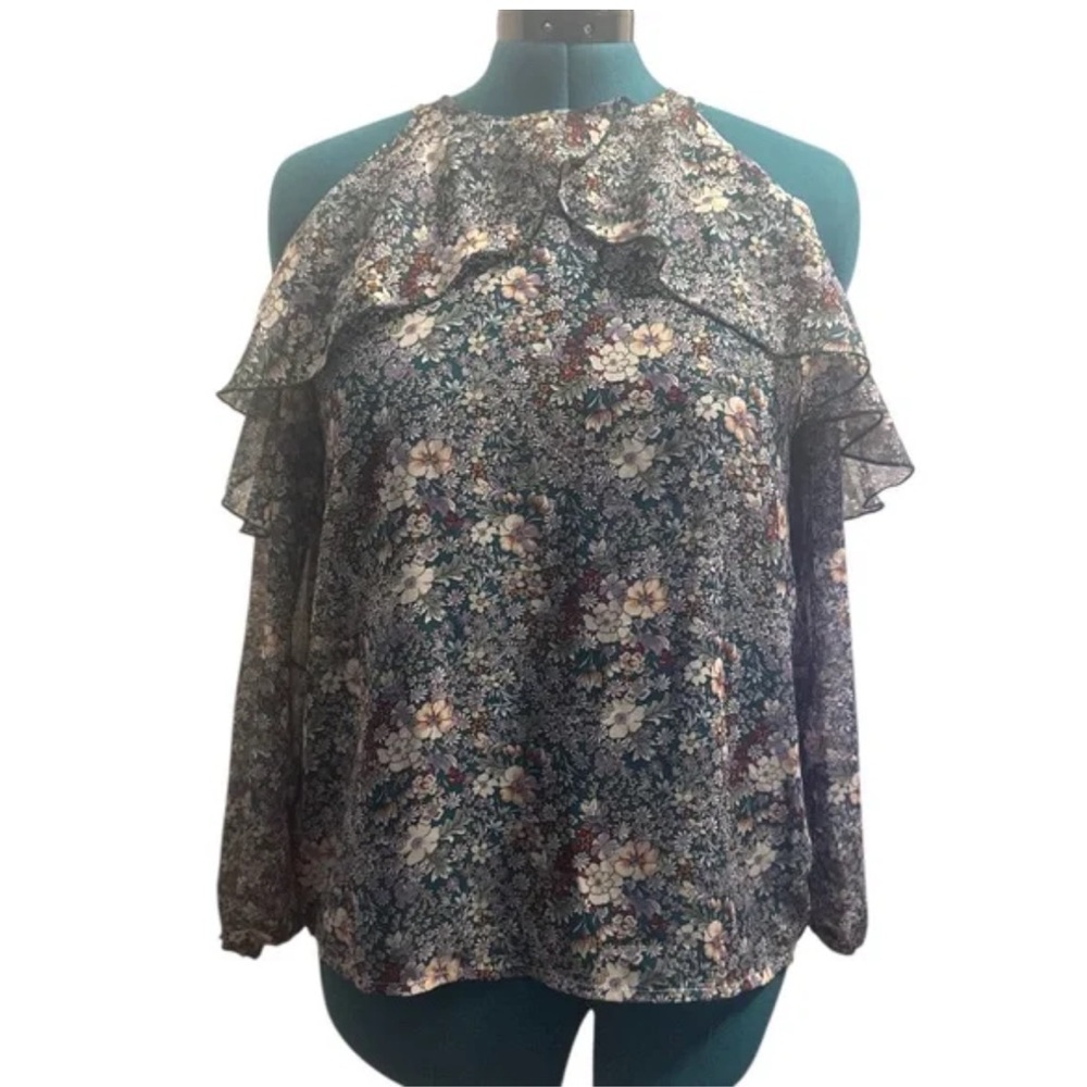 QED London Dark Floral Ruffle Blouse